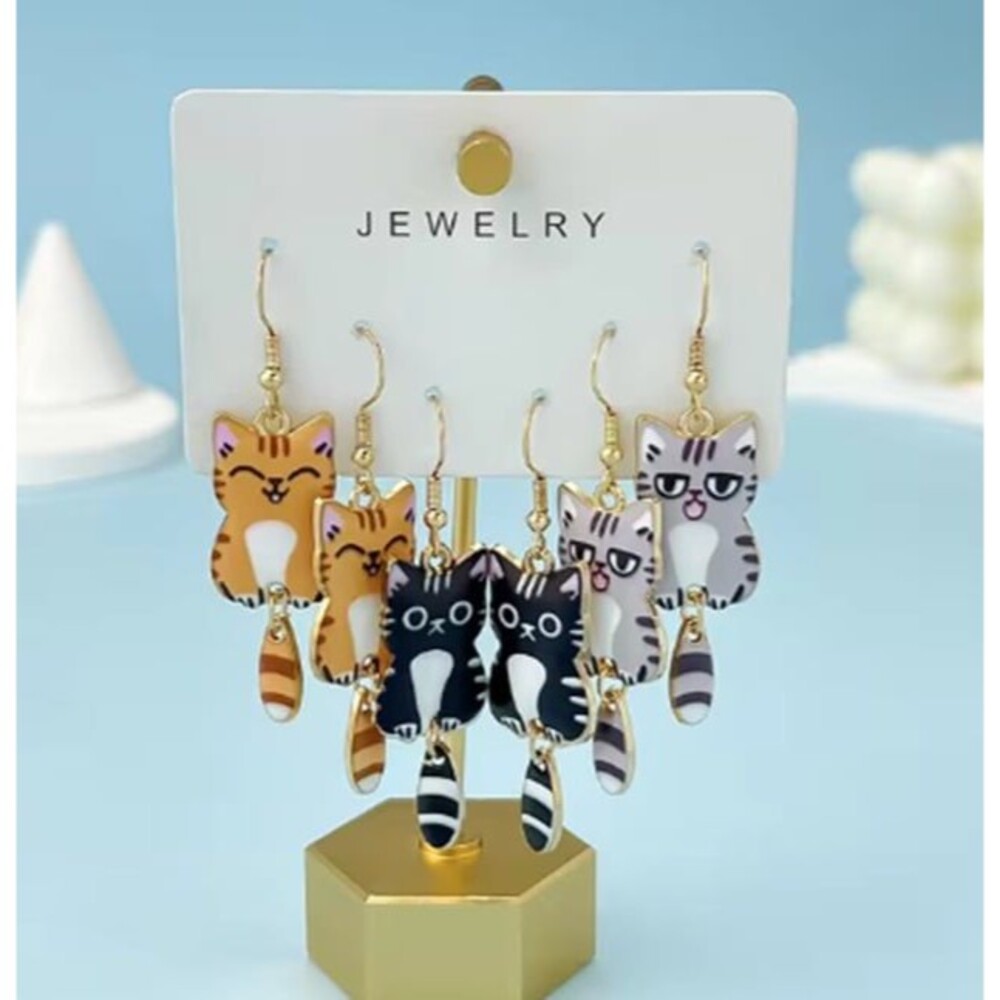 3 PAIR Orange, Black, Gray CAT Earrings Moving Tales Kittens Gold